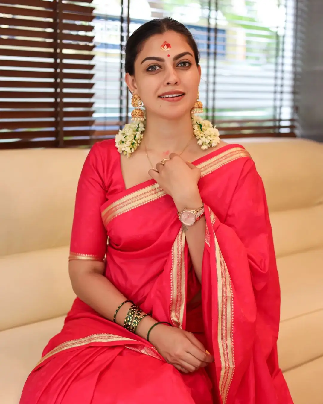 Anusree Nair In Beautiful Earrings Jewellery Red Saree Blouse